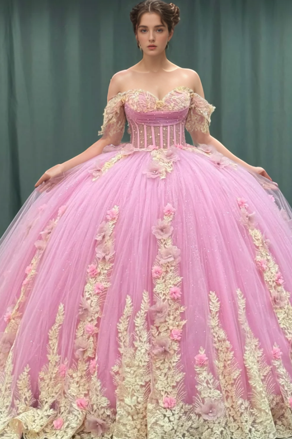Misshow Gold Beaded Off-Shoulder Ball Gown with Detachable Ruffles & 3D Floral Appliques Sparkling Pink Tulle Quinceanera & Formal Party Dress
