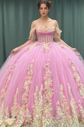 Misshow Gold Beaded Off-Shoulder Ball Gown with Detachable Ruffles & 3D Floral Appliques Sparkling Pink Tulle Quinceanera & Formal Party Dress
