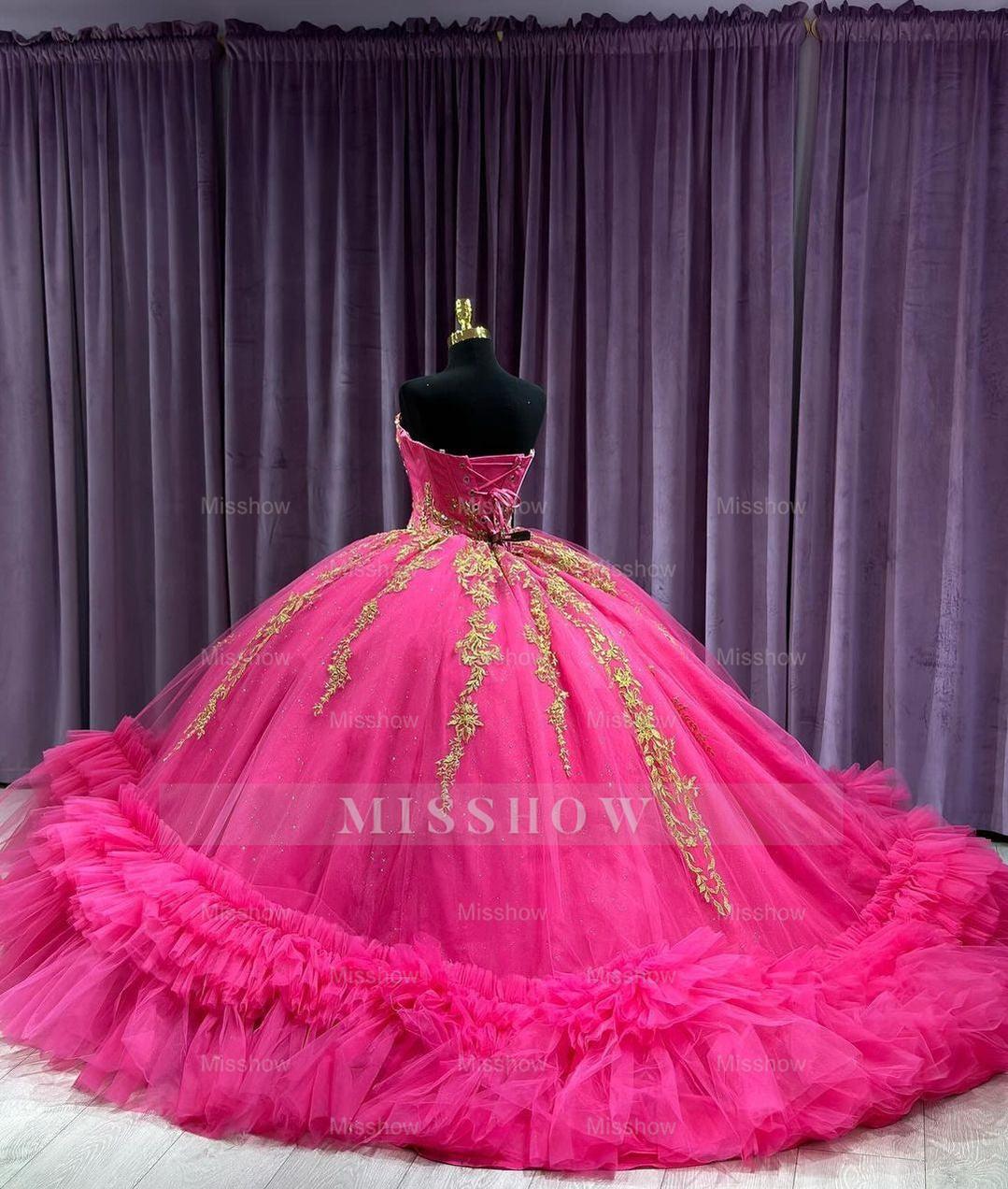 Misshow Gold-Lace Ball Gown Strapless Hot Pink Tulle Quinceanera Dress with Tiered Ruffles & Beaded Details for Sweet 16 & Birthday Galas