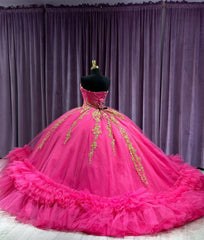 Misshow Gold-Lace Ball Gown Strapless Hot Pink Tulle Quinceanera Dress with Tiered Ruffles & Beaded Details for Sweet 16 & Birthday Galas
