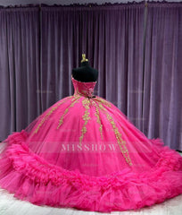 Misshow Gold-Lace Ball Gown Strapless Hot Pink Tulle Quinceanera Dress with Tiered Ruffles & Beaded Details for Sweet 16 & Birthday Galas