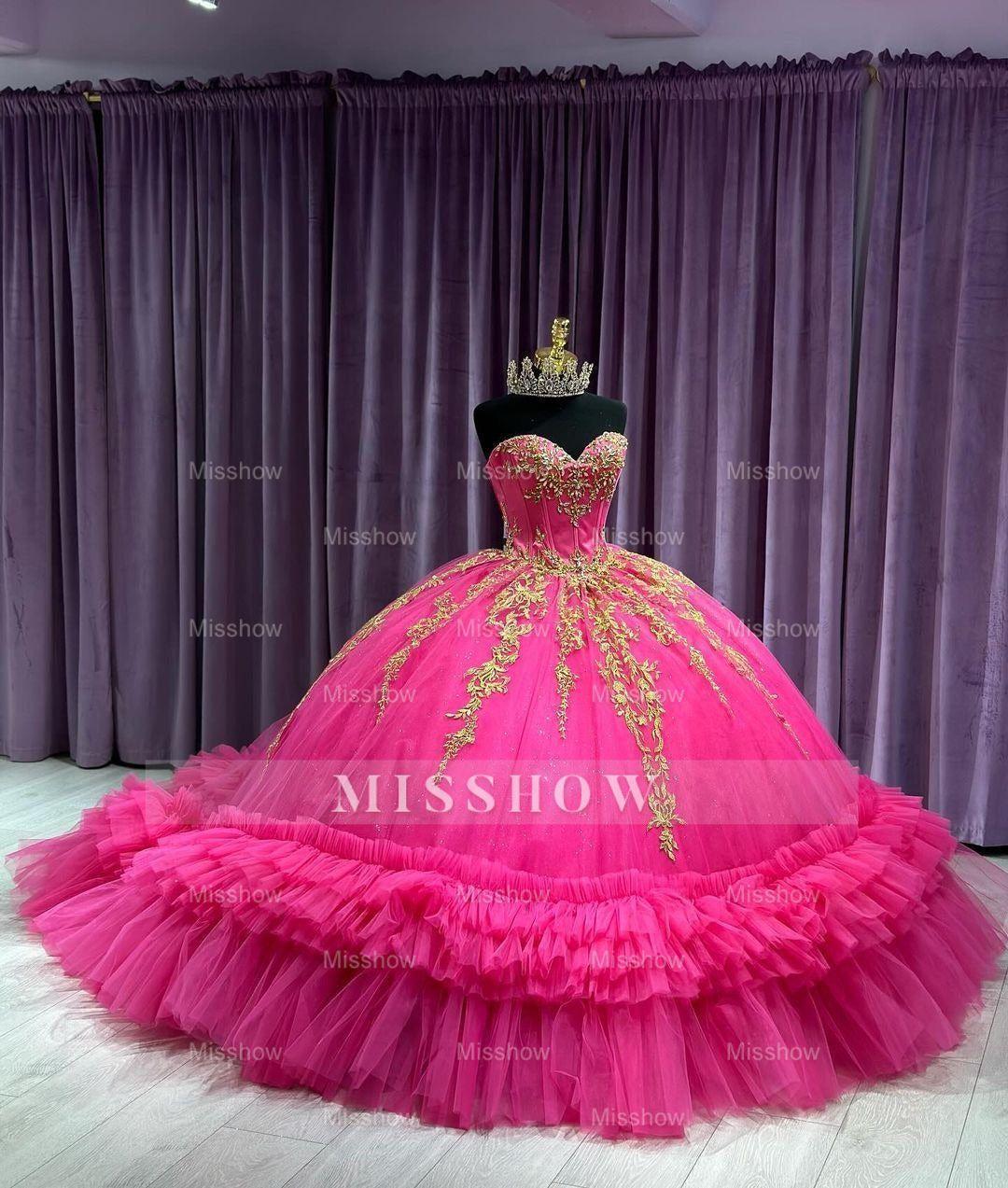 Misshow Gold-Lace Ball Gown Strapless Hot Pink Tulle Quinceanera Dress with Tiered Ruffles & Beaded Details for Sweet 16 & Birthday Galas