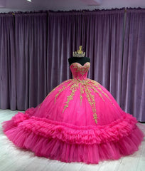 Misshow Gold-Lace Ball Gown Strapless Hot Pink Tulle Quinceanera Dress with Tiered Ruffles & Beaded Details for Sweet 16 & Birthday Galas