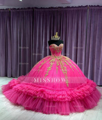 Misshow Gold-Lace Ball Gown Strapless Hot Pink Tulle Quinceanera Dress with Tiered Ruffles & Beaded Details for Sweet 16 & Birthday Galas