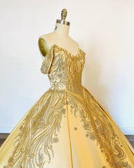 Misshow Gold Satin Quinceanera Dress Off-Shoulder Ball Gown with Intricate Appliques for Sweet 16