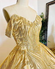 Misshow Gold Satin Quinceanera Dress Off-Shoulder Ball Gown with Intricate Appliques for Sweet 16