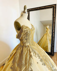 Misshow Gold Satin Quinceanera Dress Off-Shoulder Ball Gown with Intricate Appliques for Sweet 16