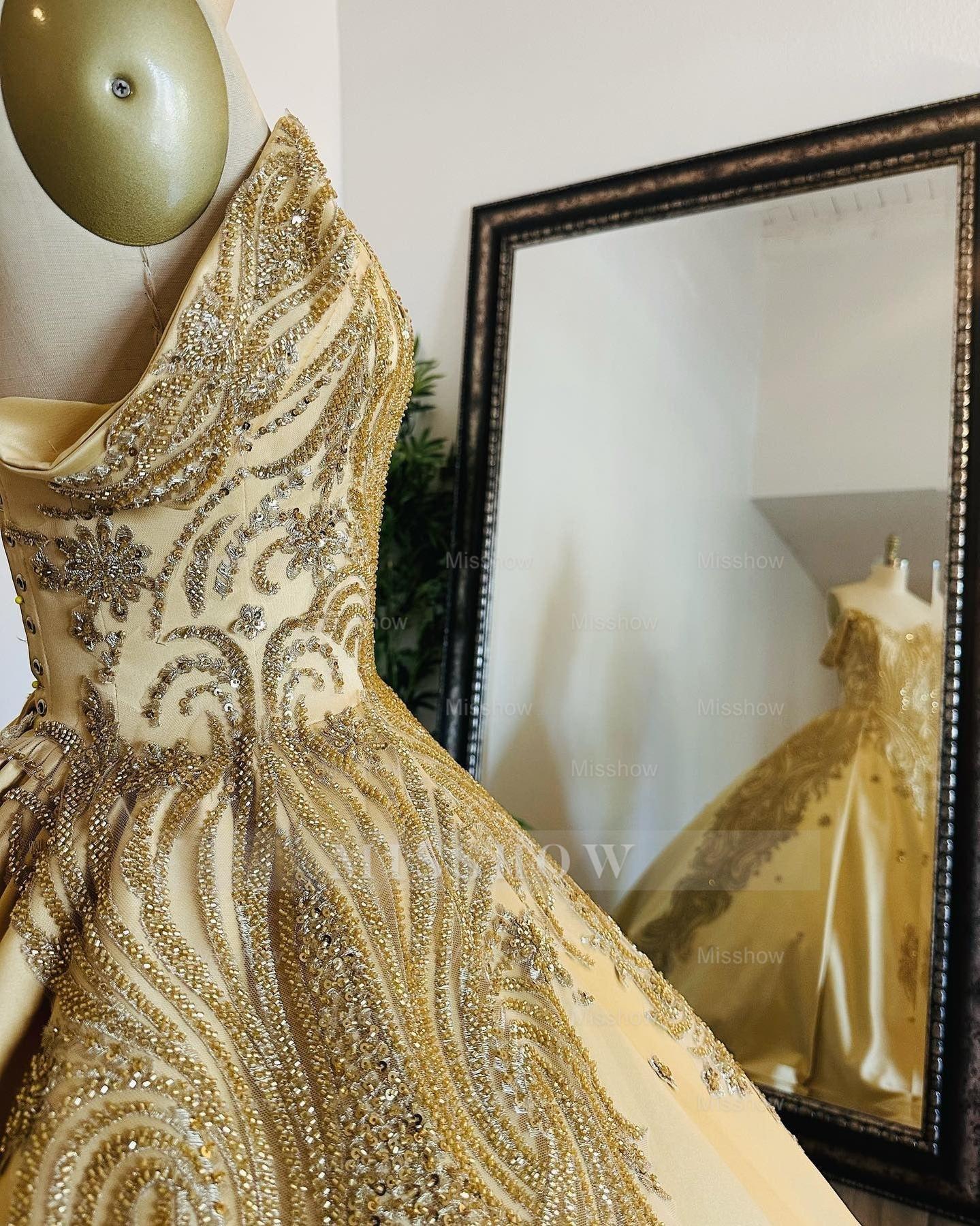 Misshow Gold Satin Quinceanera Dress Off-Shoulder Ball Gown with Intricate Appliques for Sweet 16