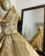 Misshow Gold Satin Quinceanera Dress Off-Shoulder Ball Gown with Intricate Appliques for Sweet 16