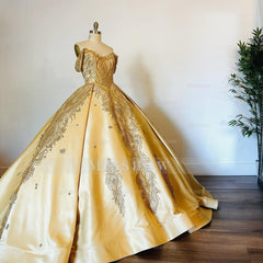 Misshow Gold Satin Quinceanera Dress Off-Shoulder Ball Gown with Intricate Appliques for Sweet 16