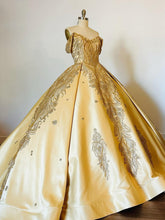 Misshow Gold Satin Quinceanera Dress Off-Shoulder Ball Gown with Intricate Appliques for Sweet 16