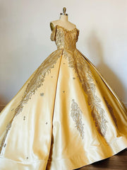Misshow Gold Satin Quinceanera Dress Off-Shoulder Ball Gown with Intricate Appliques for Sweet 16