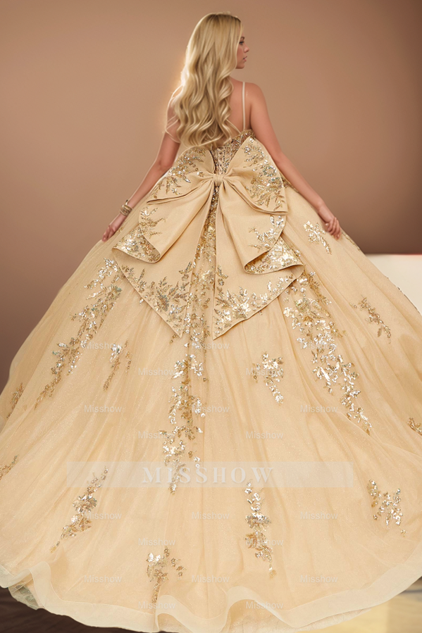 Misshow Gold Sequin Ball Gown with Sweetheart Neckline & Lace Appliques Perfect for Quinceanera & Sweet 16
