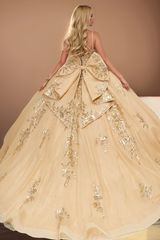 Misshow Gold Sequin Ball Gown with Sweetheart Neckline & Lace Appliques Perfect for Quinceanera & Sweet 16