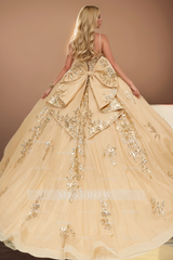 Misshow Gold Sequin Ball Gown with Sweetheart Neckline & Lace Appliques Perfect for Quinceanera & Sweet 16