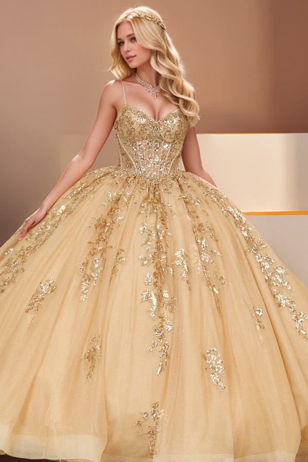Misshow Gold Sequin Ball Gown with Sweetheart Neckline & Lace Appliques Perfect for Quinceanera & Sweet 16