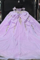 Misshow Gold-Sequined Lilac Ball Gown Off-Shoulder Sparkly Tulle Quinceanera & Sweet 16 Party Dress