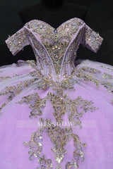 Misshow Gold-Sequined Lilac Ball Gown Off-Shoulder Sparkly Tulle Quinceanera & Sweet 16 Party Dress