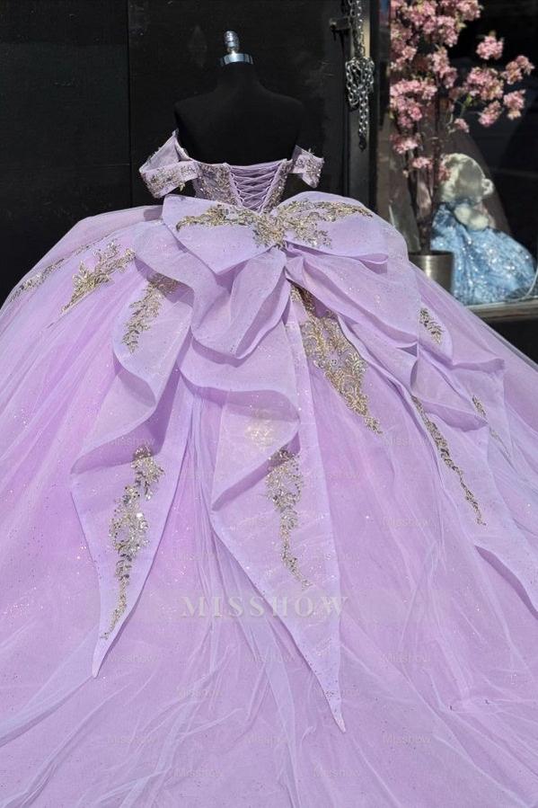 Misshow Gold-Sequined Lilac Ball Gown Off-Shoulder Sparkly Tulle Quinceanera & Sweet 16 Party Dress