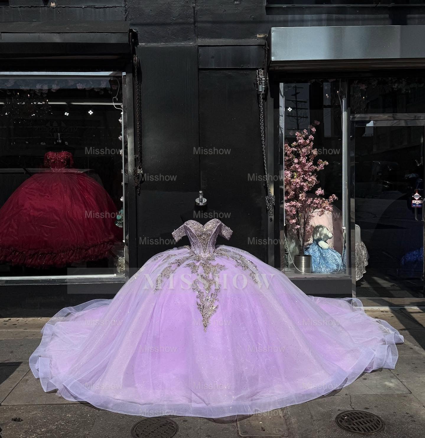 Misshow Gold-Sequined Lilac Ball Gown Off-Shoulder Sparkly Tulle Quinceanera & Sweet 16 Party Dress