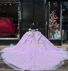 Misshow Gold-Sequined Lilac Ball Gown Off-Shoulder Sparkly Tulle Quinceanera & Sweet 16 Party Dress