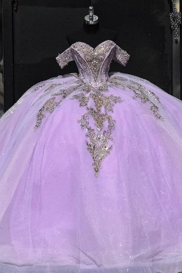 Misshow Gold-Sequined Lilac Ball Gown Off-Shoulder Sparkly Tulle Quinceanera & Sweet 16 Party Dress