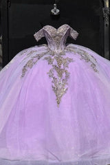 Misshow Gold-Sequined Lilac Ball Gown Off-Shoulder Sparkly Tulle Quinceanera & Sweet 16 Party Dress