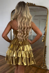 Misshow Golden A Line Corset Short Homecoming Dress/Mini Dress With Ruffles