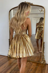 Misshow Golden Criss Cross Halter A Line Pleated Short Homecoming Dress/Mini Dress
