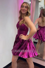 Misshow Golden Criss Cross Halter A Line Pleated Short Homecoming Dress/Mini Dress