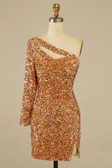 Misshow Golden Cut Out Open Back One Shoulder Sequins Homecoming Dress/Mini Dress