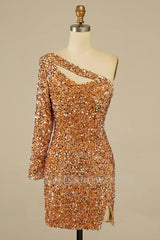Misshow Golden Cut Out Open Back One Shoulder Sequins Homecoming Dress/Mini Dress
