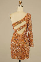 Misshow Golden Cut Out Open Back One Shoulder Sequins Homecoming Dress/Mini Dress