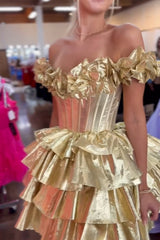 Misshow Golden Off The Shoulder Corset Short Homecoming Dress/Mini Dress With Ruffles