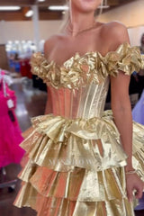 Misshow Golden Off The Shoulder Corset Short Homecoming Dress/Mini Dress With Ruffles
