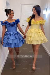 Misshow Golden Off The Shoulder Corset Short Homecoming Dress/Mini Dress With Ruffles
