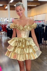 Misshow Golden Off The Shoulder Corset Short Homecoming Dress/Mini Dress With Ruffles