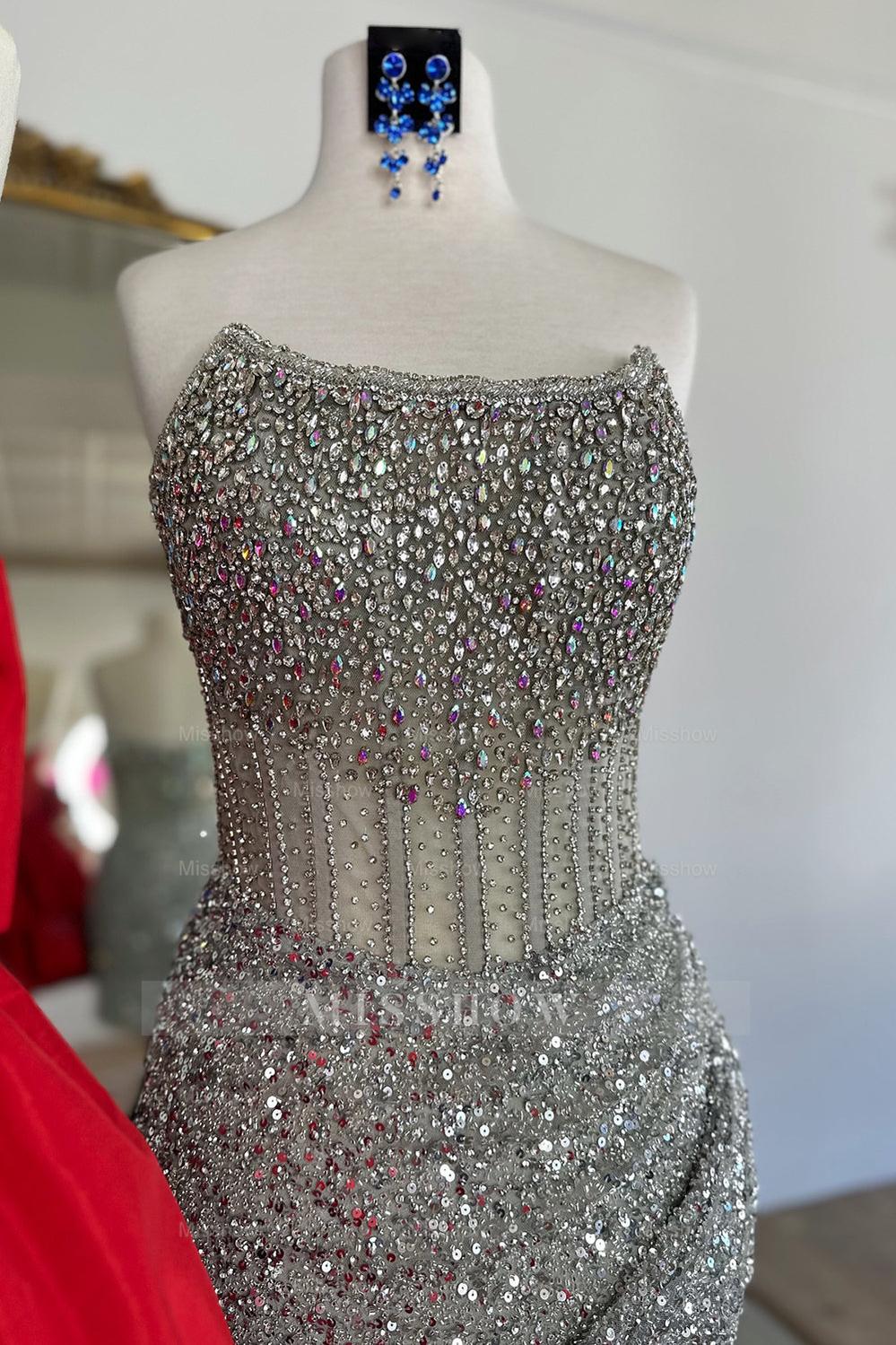 Misshow Golden Silver Corset Strapless Tight Short Homecoming Dress/Mini Dress with Beading