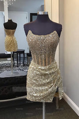 Misshow Golden Silver Corset Strapless Tight Short Homecoming Dress/Mini Dress with Beading