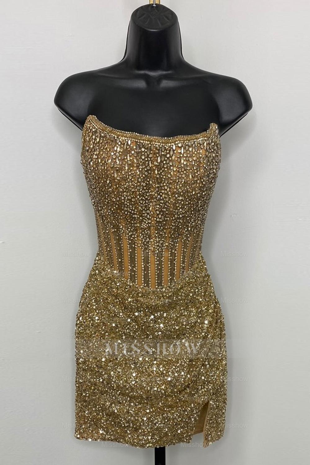 Misshow Golden Silver Corset Strapless Tight Short Homecoming Dress/Mini Dress with Beading