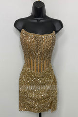 Misshow Golden Silver Corset Strapless Tight Short Homecoming Dress/Mini Dress with Beading