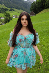 Misshow Green Off the Shoulder Printed Tiered A Line Short Homecoming Dress/Mini Dress