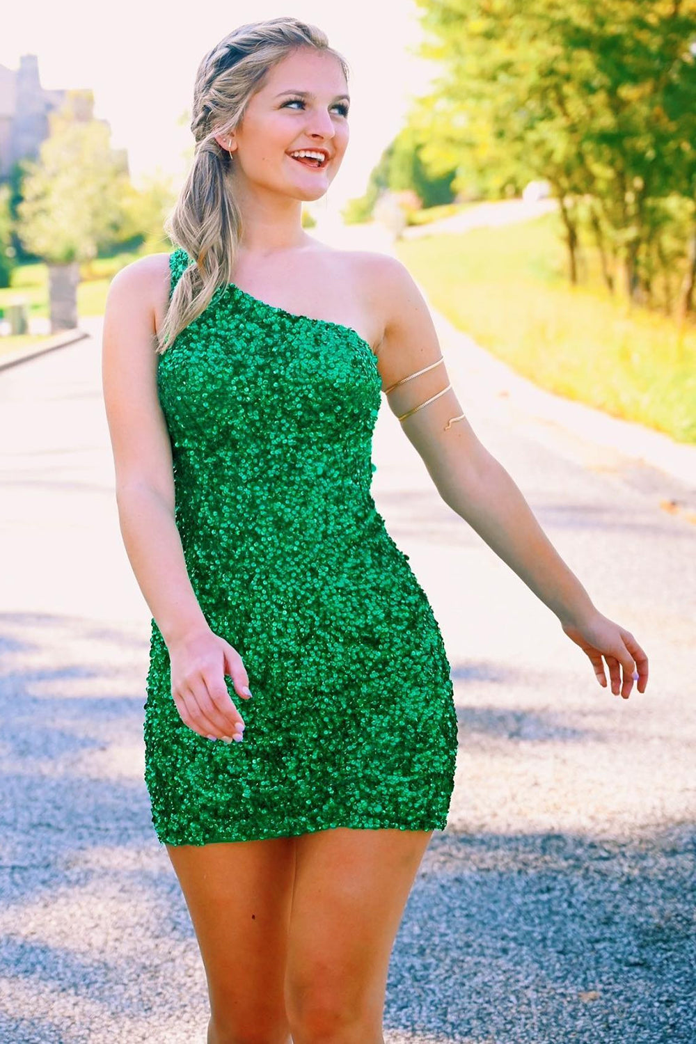Misshow Green Sequins One Shoulder Tight Homecoming Dress/Mini Dress