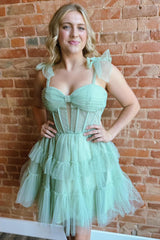 Misshow Green Spaghetti Straps Corset A-Line Short Homecoming Dress/Mini Dress