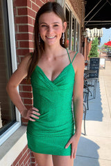Misshow Green Spaghetti Straps Homecoming Dress/Mini Dress with Beading