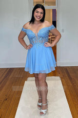 Misshow Grey Blue Corset A-Line Chiffon Short Homecoming Dress/Mini Dress with Lace
