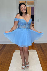 Misshow Grey Blue Corset A-Line Chiffon Short Homecoming Dress/Mini Dress with Lace