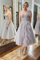 Misshow Grey Corset One Shoulder Tulle Homecoming Dress/Mini Dress with Ruffles