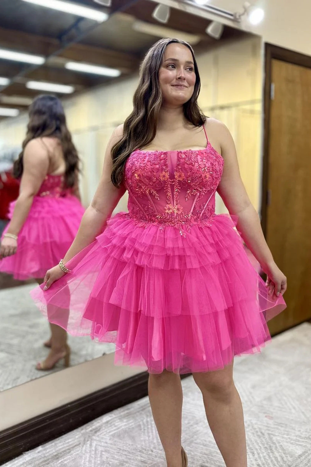 Misshow Hot Pink A Line Spaghetti Straps Corset Short Homecoming Dress/Mini Dress