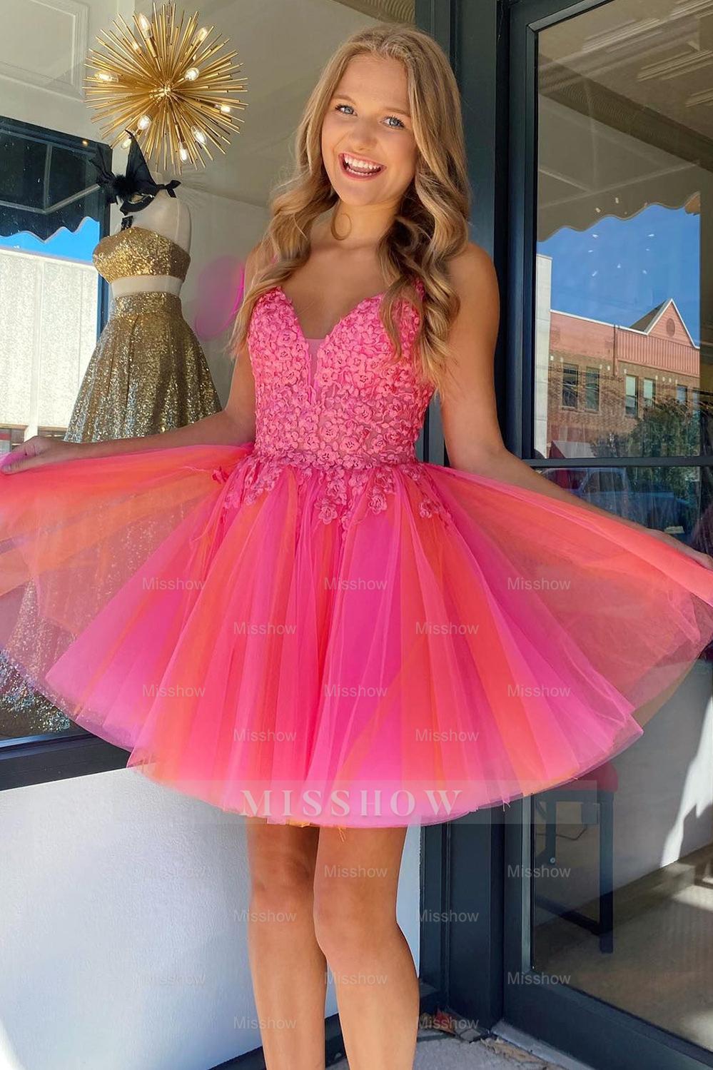 Misshow Hot Pink A-Line Tulle Short Homecoming Dress/Mini Dress with Lace
